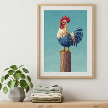 Pixelated Cartoon Rooster Wall Art, Blue Rustic Farmhouse Decor. High Resolution Digital Download 300 DPI.