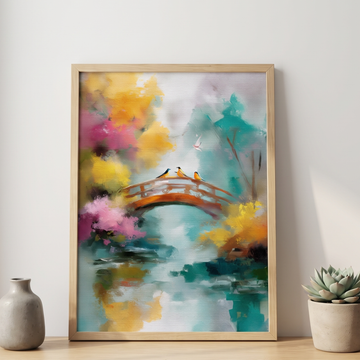Golden Celestial Crane Wall Art Oriental Dream Bridge Decor Print. High Resolution Digital Download 300 DPI.