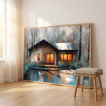 Cozy Woodland Cabin, Stormy Night Illuminated Forest Retreat Art. High Resolution Digital Download 300 DPI.