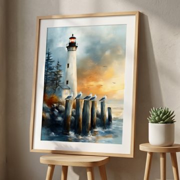 Coastal Twilight Gathering, Seagulls Lighthouse Pine Trees Seascape Wall Art. High Resolution Digital Download 300 DPI.