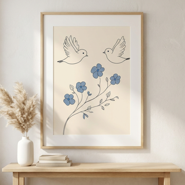 Elegant Flight, Minimalist Blue Birds and Flowers on Soft Beige Background. High Resolution Digital Download 300 DPI