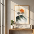 Mountain sunset print above a console