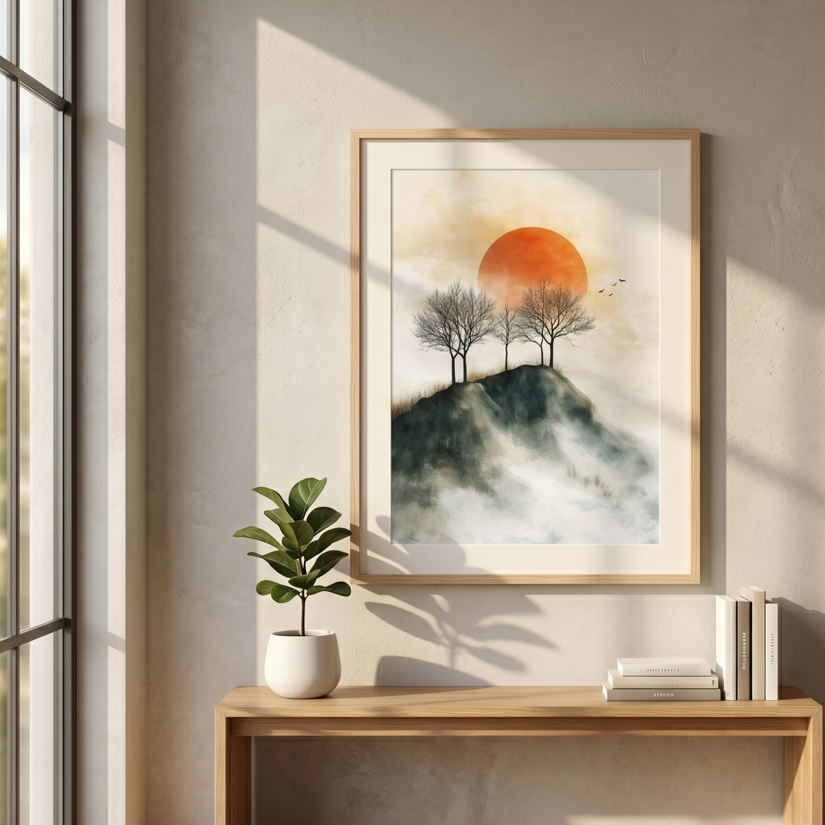 Mountain sunset print above a console