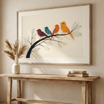 Whimsical Wall Art, Black Metal Tree Limb with Colorful Sea Glass Birds on Ivory Backdrop. High Resolution Digital Download 300 DPI