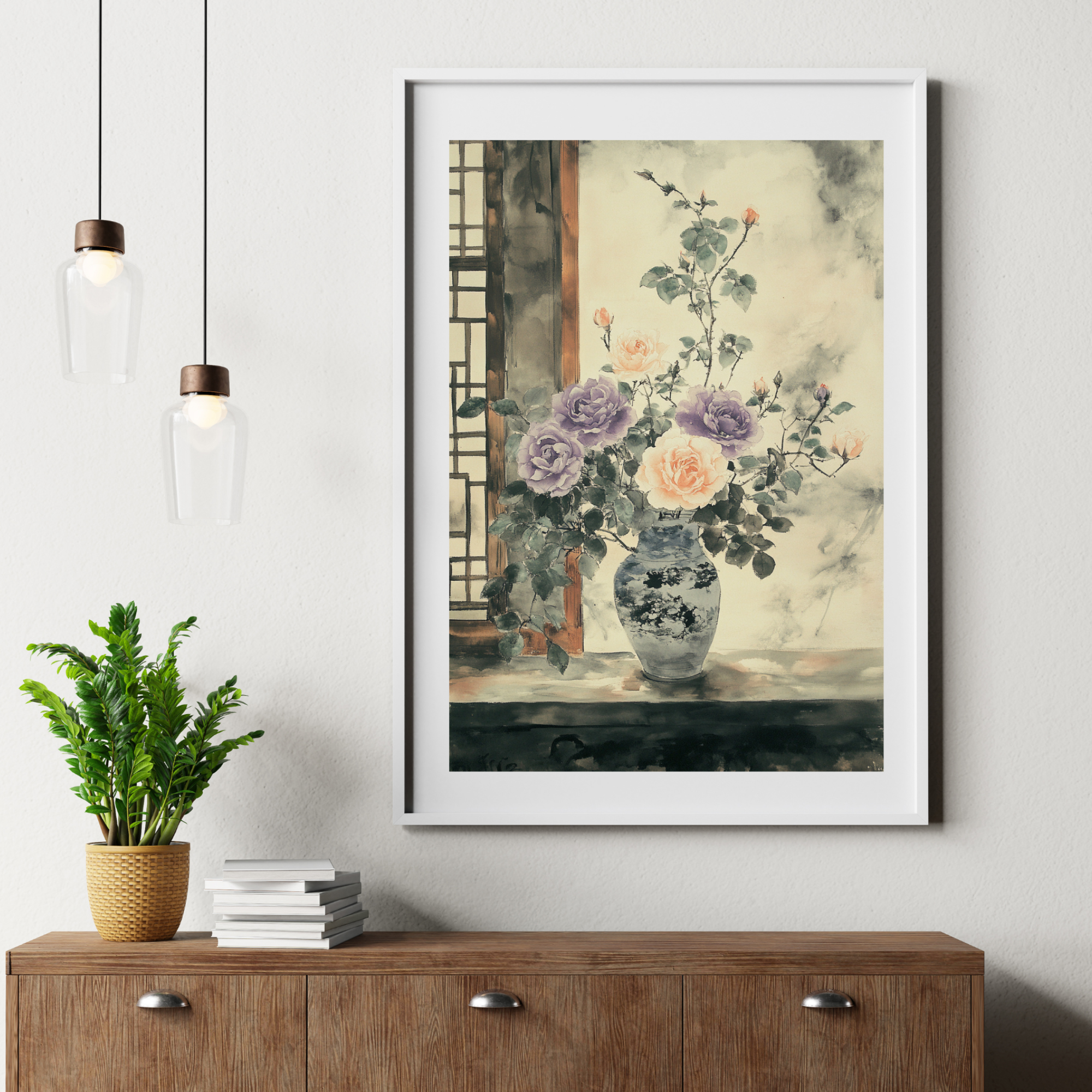 Ethereal Roses: East Asian Ink Wash Painting of Purple and Orange Blooms. High Resolution Digital Download 300 DPI
