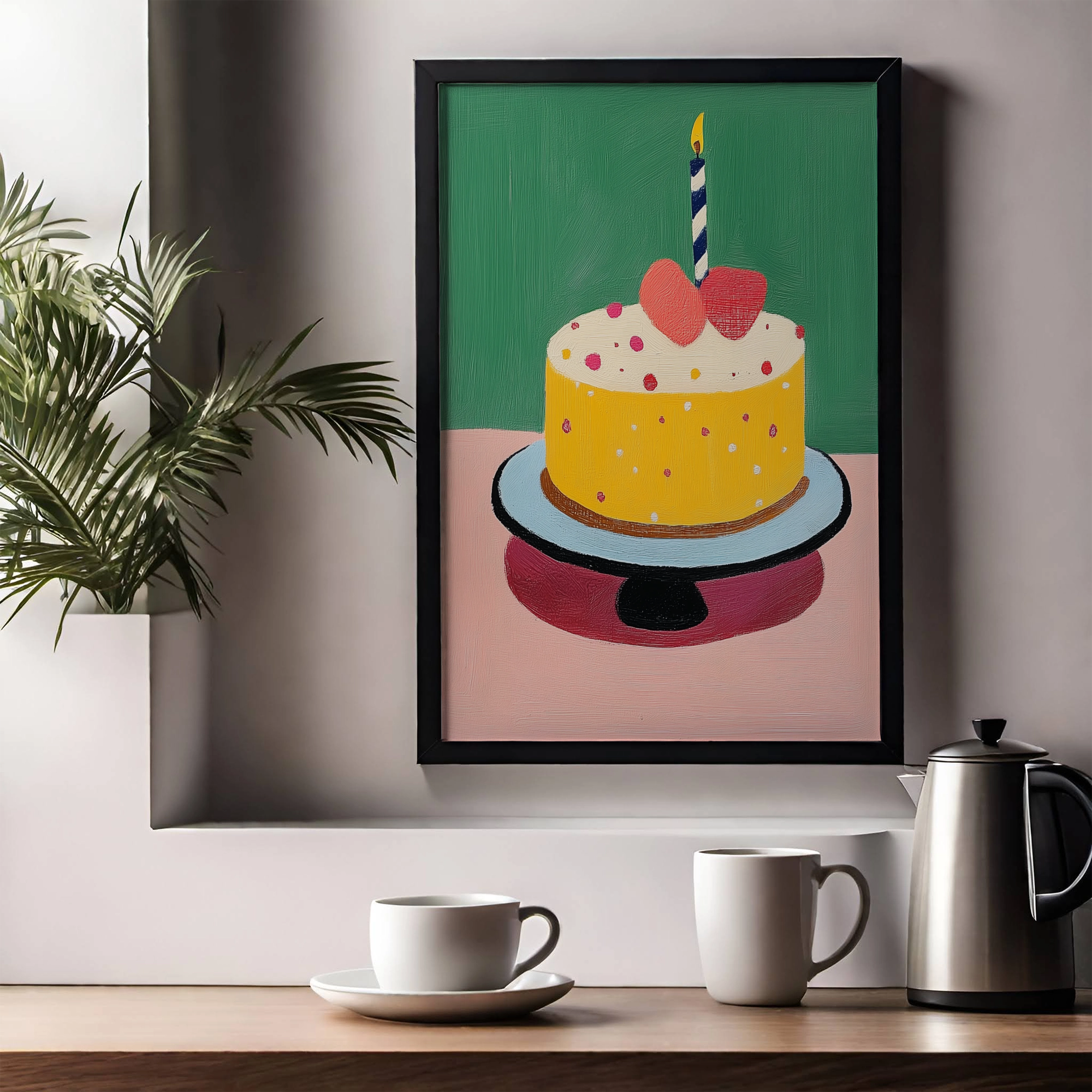 Vibrant Birthday Cake Wall Art: Heart-Shaped Decoration on Elegant Black Stand. High Resolution Digital Download 300 DPI