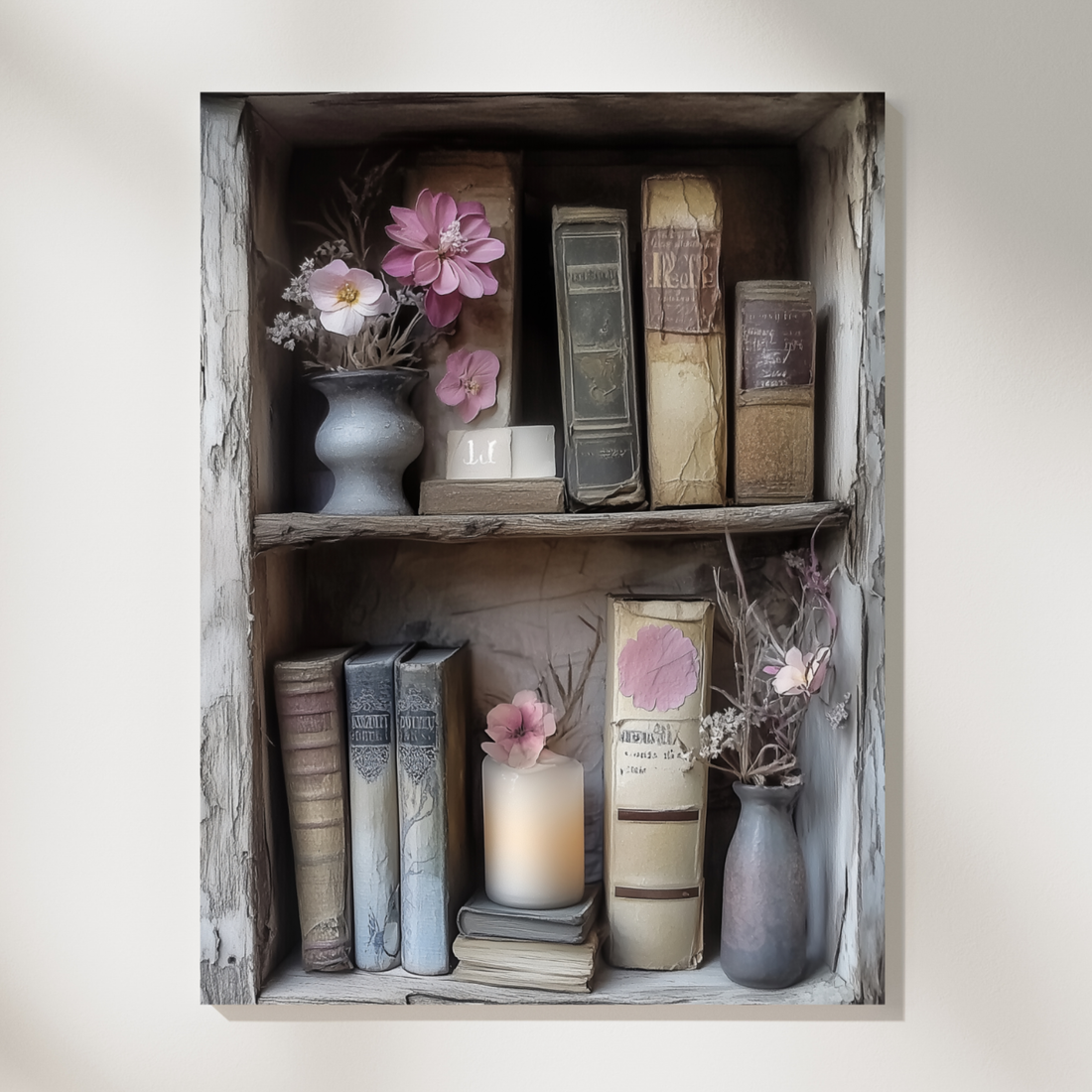 Vintage Junk Journal Wall Art Rustic Bookshelves Candles Flowers Ephemera Cozy. High Resolution Digital Download 300 DPI.