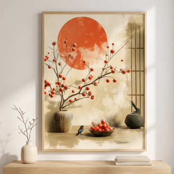 Serene Minimalist Nature Scene, Bird and Berries Art. High Resolution Digital Download 300 DPI.