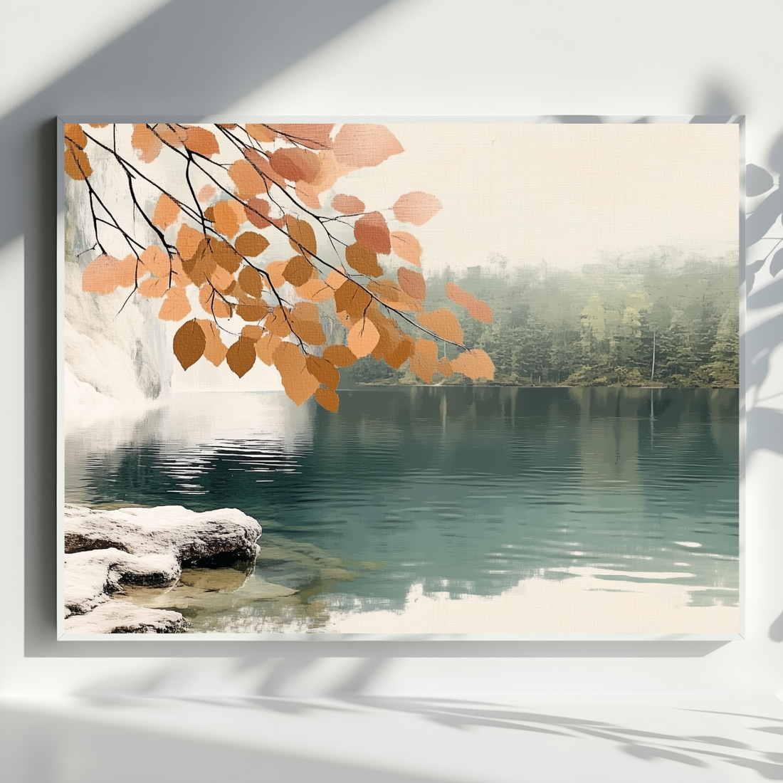 Autumn Leaves Lake Wall Art Golden Orange Waterfall Oil Painting. High Resolution Digital Download 300 DPI.