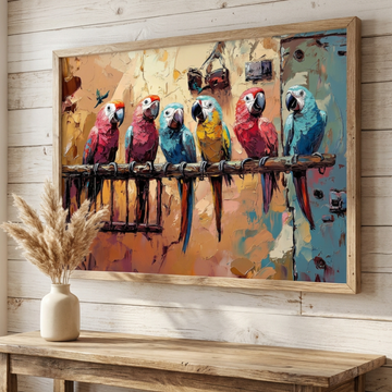 Colorful Parrots Wildlife Park Oil Painting Vibrant Tropical Wall Art. High Resolution Digital Download 300 DPI.