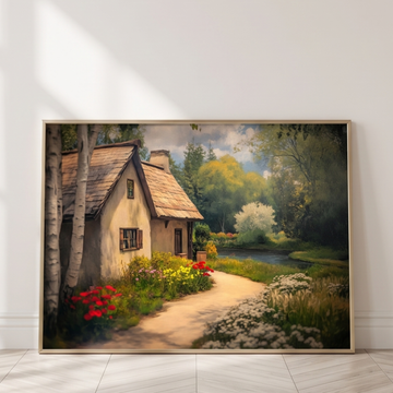 Vintage Cozy Home Wall Art Birch Trees Lake Flowers Nature Painting. High Resolution Digital Download 300 DPI.