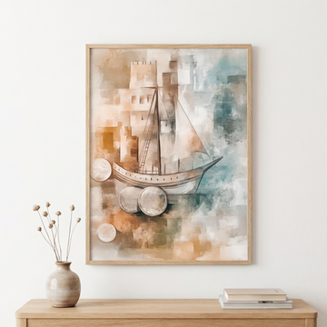 Vintage Sailing Ship and Castle Wall Art Nautical Historical Landscape Print. High Resolution Digital Download 300 DPI.