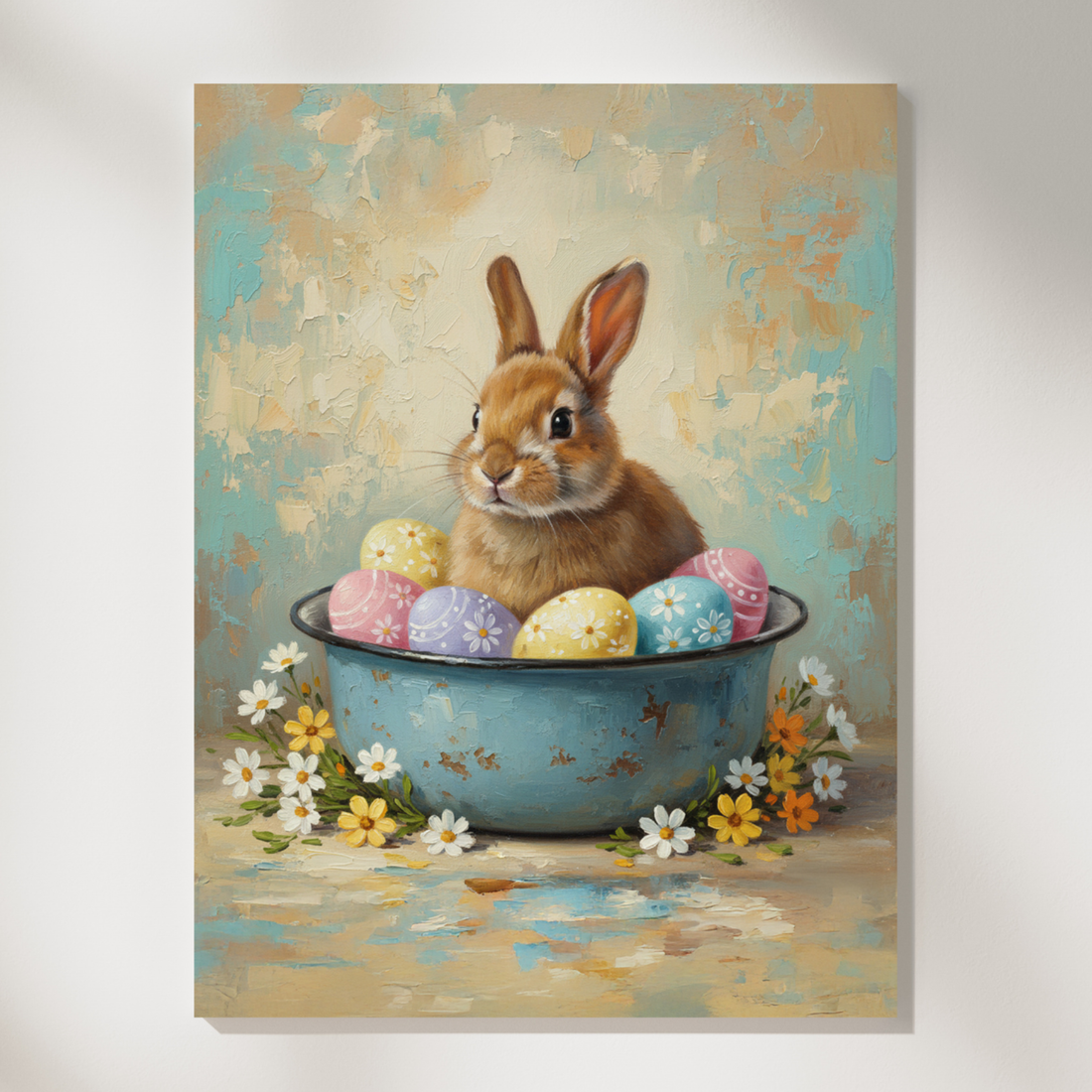 Rustic Farmhouse Easter Bunny Oil Painting with Pastel Spring Accents. High Resolution Digital Download 300 DPI.