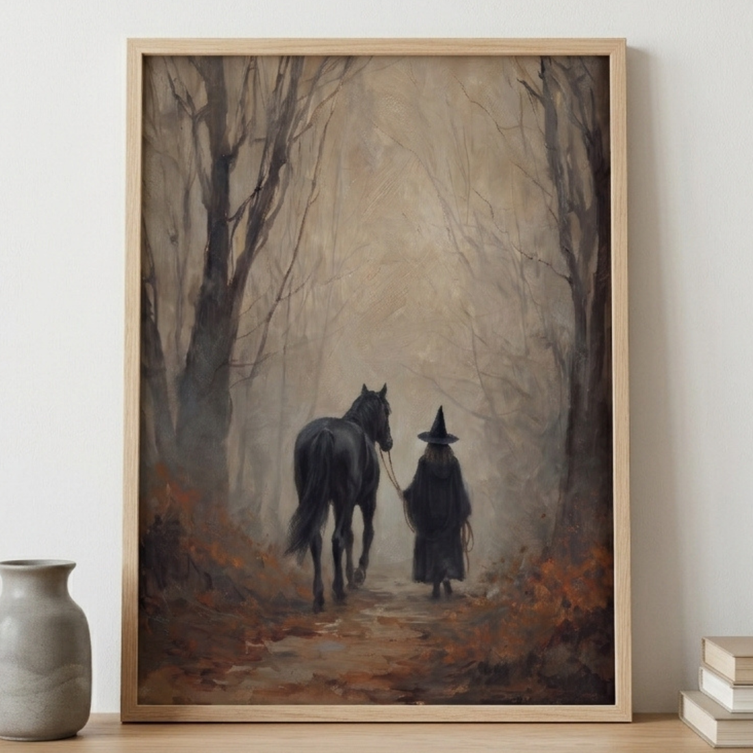 Moody oil painting of a witch in a pointed hat walking beside a black horse through a misty autumn forest