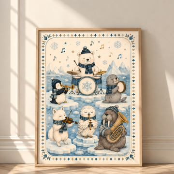 Winter Woodland Animal Band Wall Art Vintage Musical Print. High Resolution Digital Download 300 DPI.