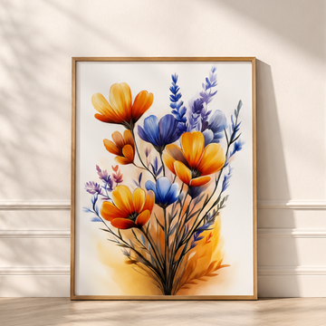 Wild Bloom Symphony, Vibrant Orange and Blue Flowers in Pure Elegance. High Resolution Digital Download 300 DPI