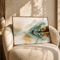 Autumn reflection art leaning on a cream armchair