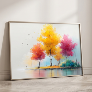 Charming Fall Landscape Minimal Watercolor Painting Seasonal Home Wall Decor. High Resolution Digital Download 300 DPI.