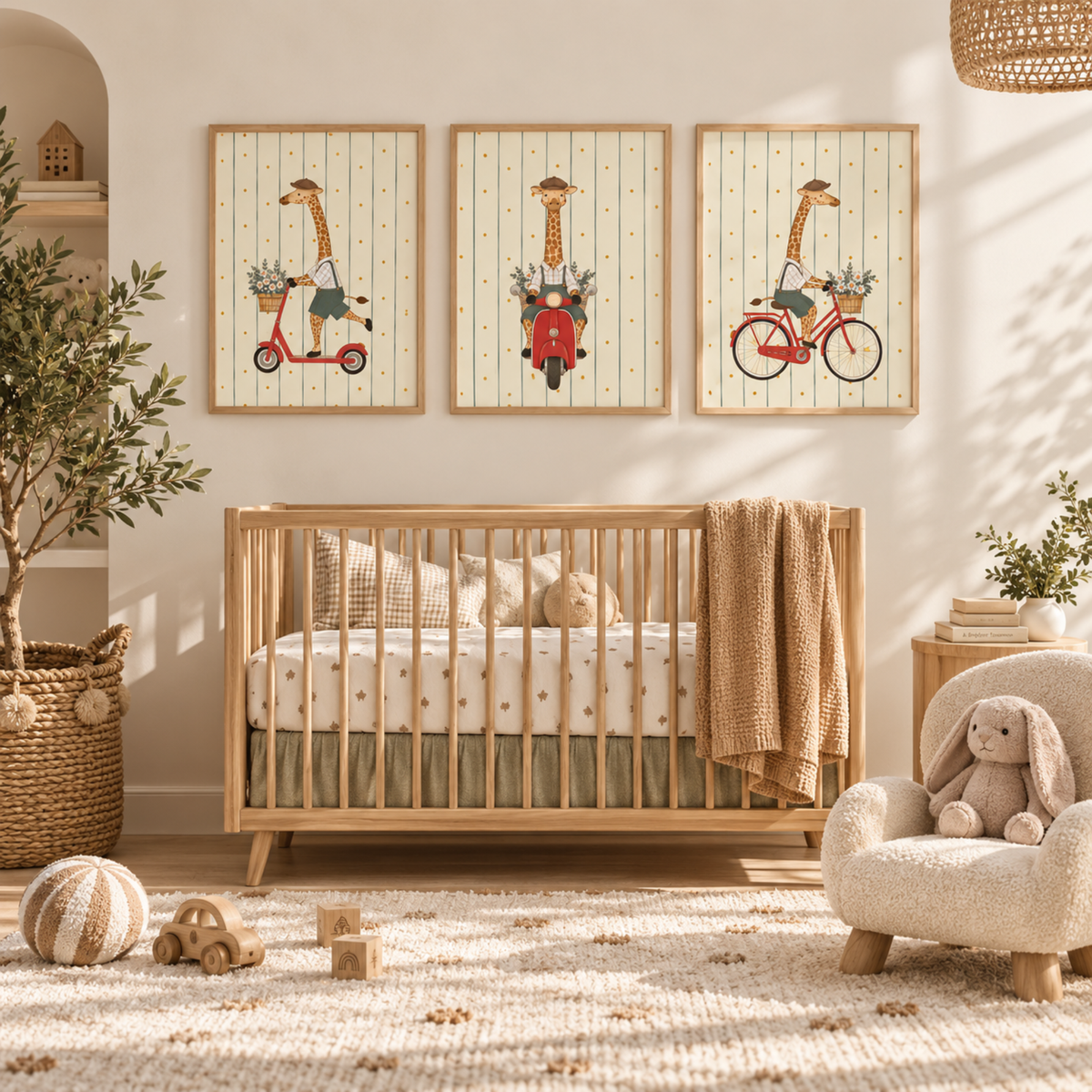 Giraffe adventure prints above a crib