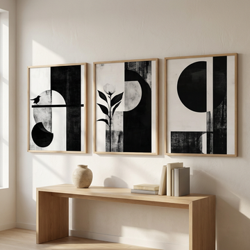 Scandinavian Serenity, Minimalist Sun, Flower, and Bird on White Canvas. High Resolution Digital Download 300 DPI