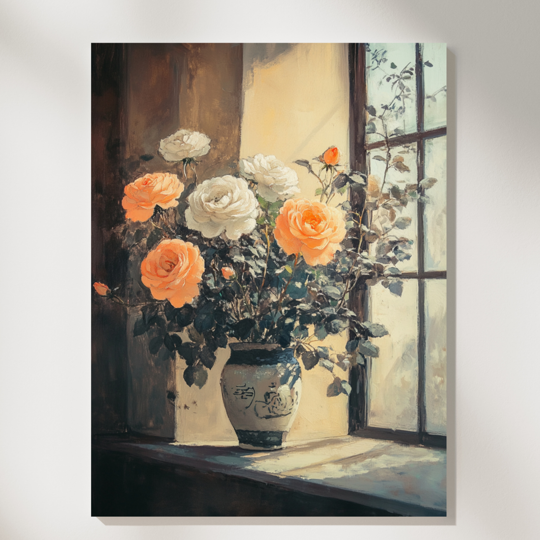 Luminous Floral Harmony: Orange and White Roses Bathed in Natural Window Light. High Resolution Digital Download 300 DPI
