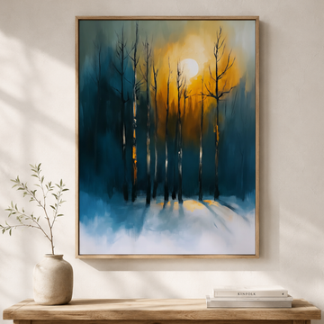Realistic Blue Beige Trees Wall Art Moonlit Night Painting Print. High Resolution Digital Download 300 DPI.