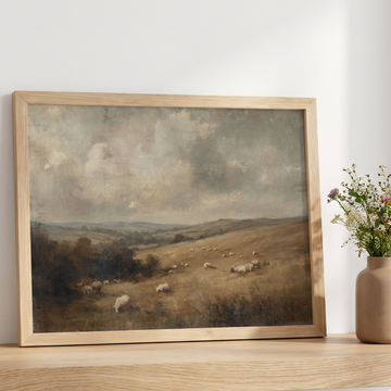 Vintage oil painting of sheep grazing in a wide rustic countryside under a soft cloudy sky