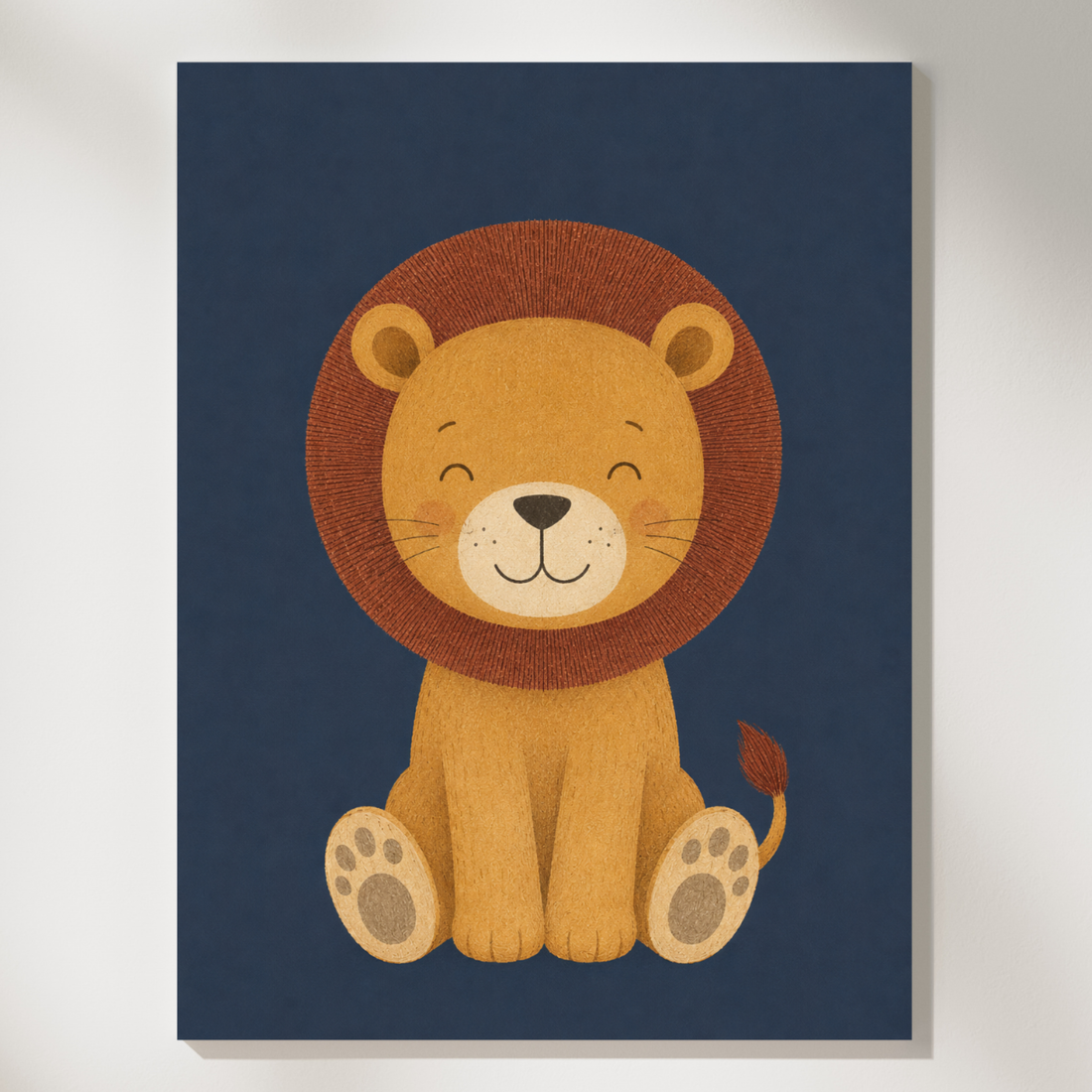 Set of four bold nursery prints of a lion, hippo, zebra and giraffe on navy, mustard and sage backgrounds leaning on a floor