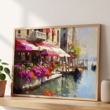 Venice Canal Wall Art Realist Oil Flowers Boats Historic Awnings. High Resolution Digital Download 300 DPI.