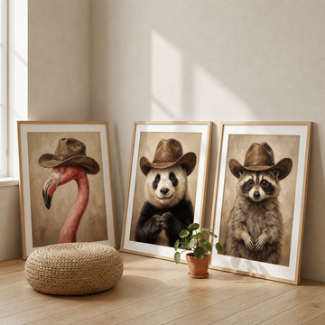Whimsical Western Animal Portrait Trio Vintage Wall Art. High Resolution Digital Download 300 DPI.