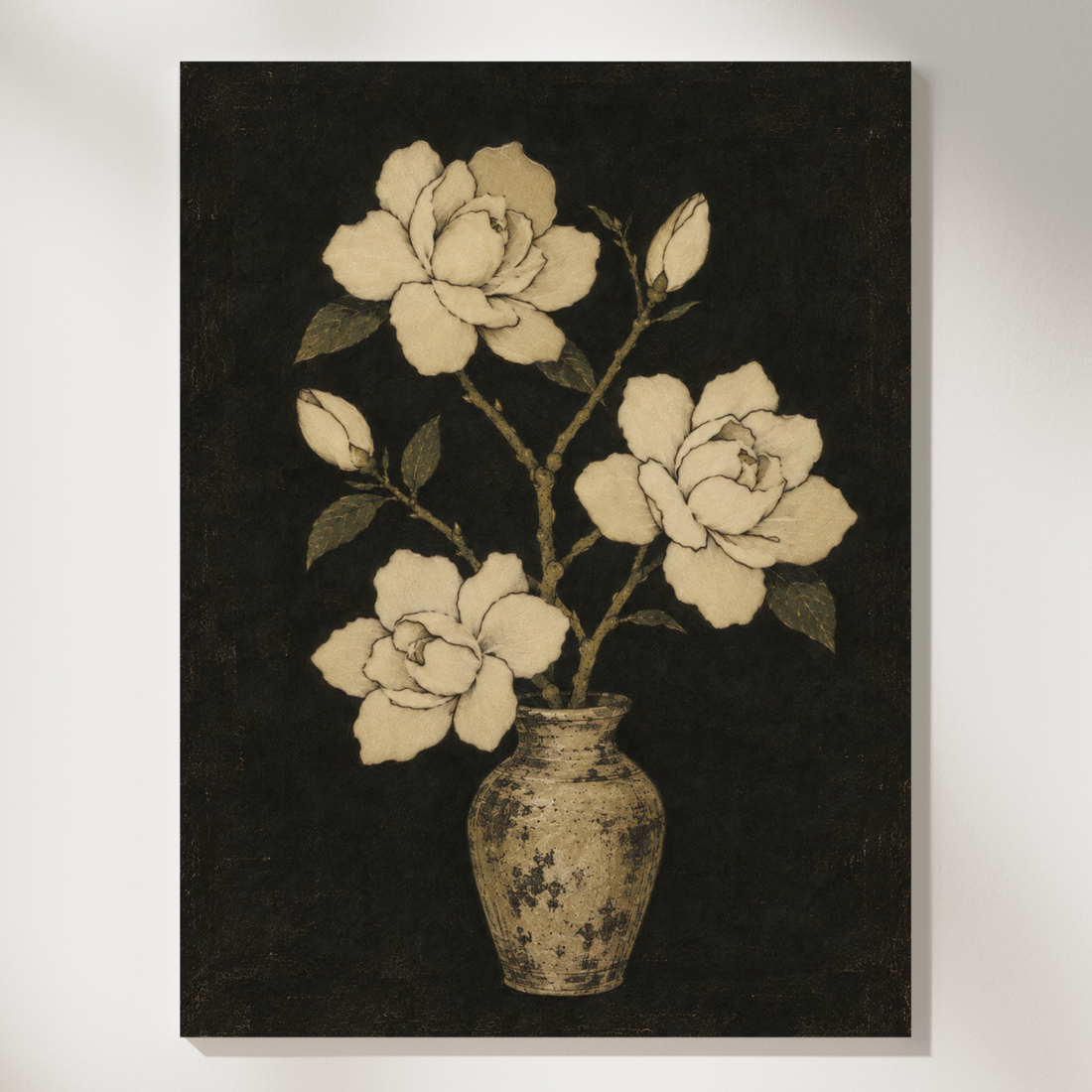 Moody vintage botanical art of white flowers in an antique vase on a black background