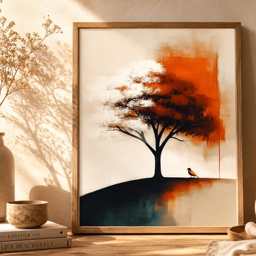 Oil Painting of White Tree with Yellow Bird Elegant Wall Art. High Resolution Digital Download 300 DPI.