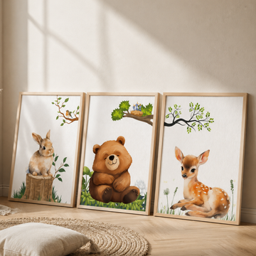 Enchanting Woodland Friends, Adorable Bear, Fawn, and Rabbit Wall Art Print. High Resolution Digital Download 300 DPI.