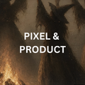 Pixel and Product cover image over a dark witches painting
