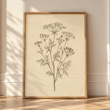 Vintage Queen Anne’s Lace Botanical Engraving Neutral Parchment Wall Art. High Resolution Digital Download 300 DPI.