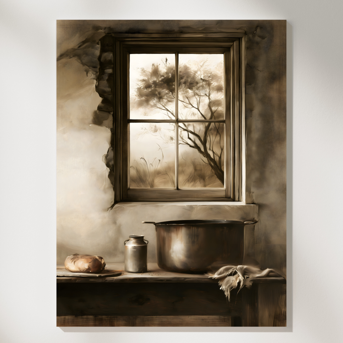 Moody farmhouse kitchen still life oil painting of a cooking pot and crockery on a rustic table beside a window