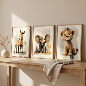 Adorable Safari Friends, Elephant, Donkey, Lion Cub Cartoon Wall Art. High Resolution Digital Download 300 DPI.