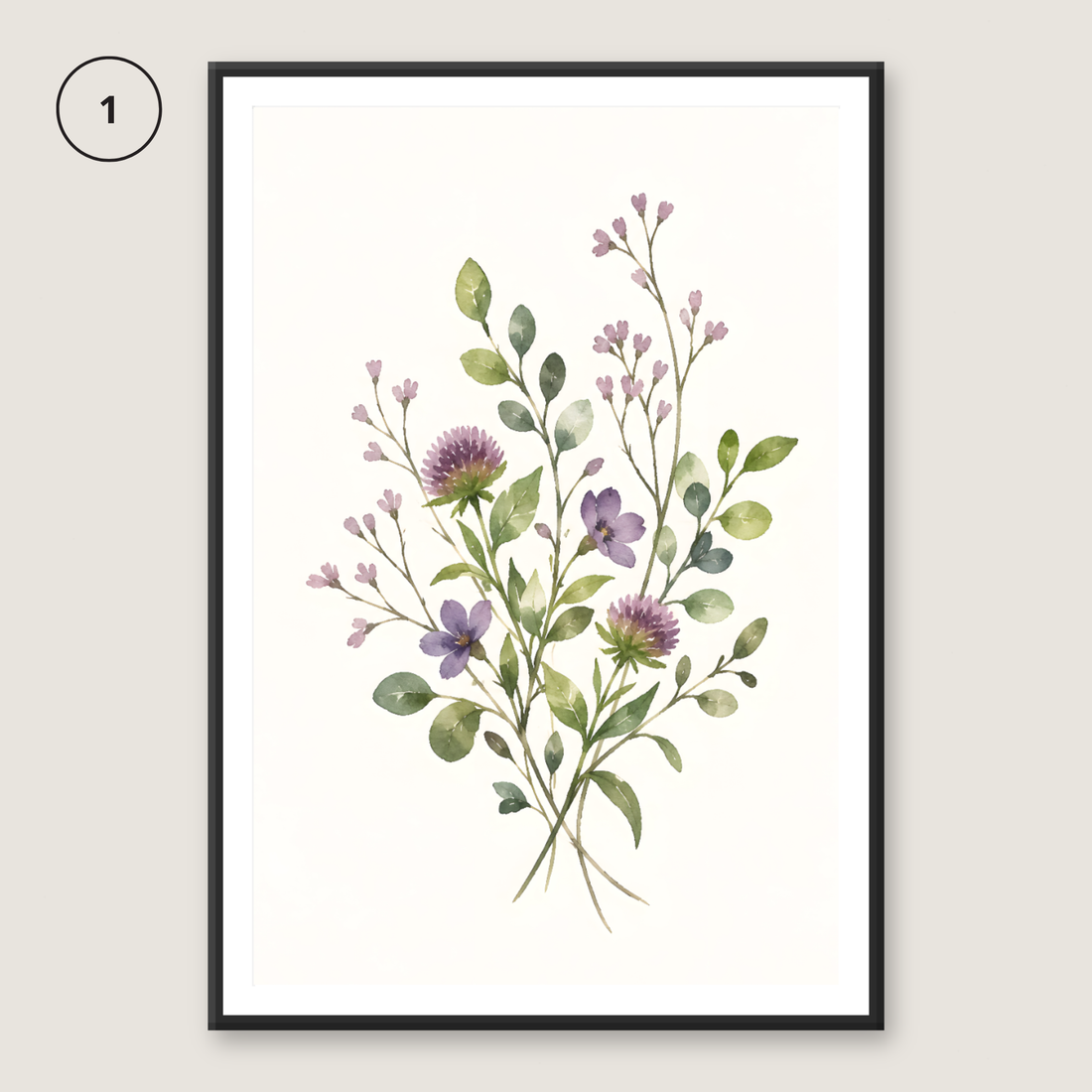 Set of six watercolor botanical prints of lavender, purple and pink wildflowers leaning against a wall