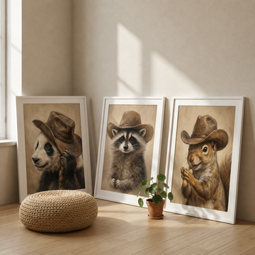 Whimsical Western Woodland Animal Portrait Trio Wall Art. High Resolution Digital Download 300 DPI.