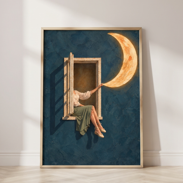 Dreamy Woman Moon Surrealist Wall Art Mysterious Nighttime Decor Print. High Resolution Digital Download 300 DPI.