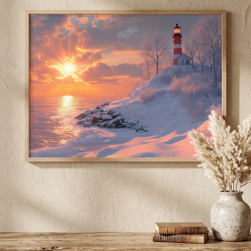 Radiant Winter Beacon, Icy Coastal Lighthouse Seascape Wall Art. High Resolution Digital Download 300 DPI.