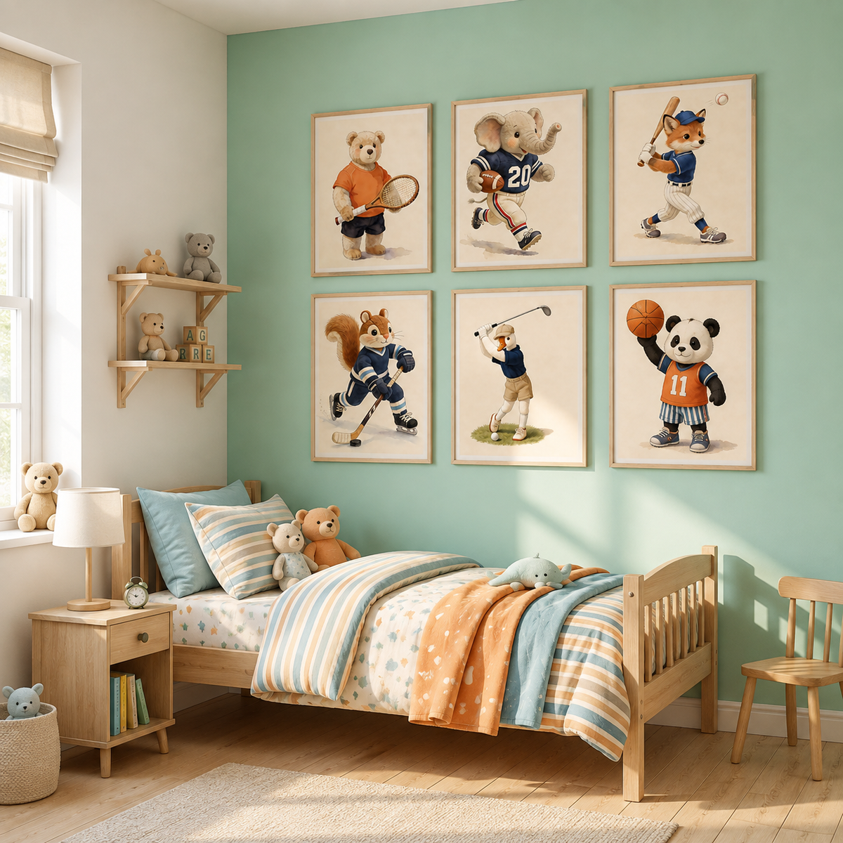 Sports animal print set above a kids bed