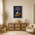 Silly goose boat print above storage baskets