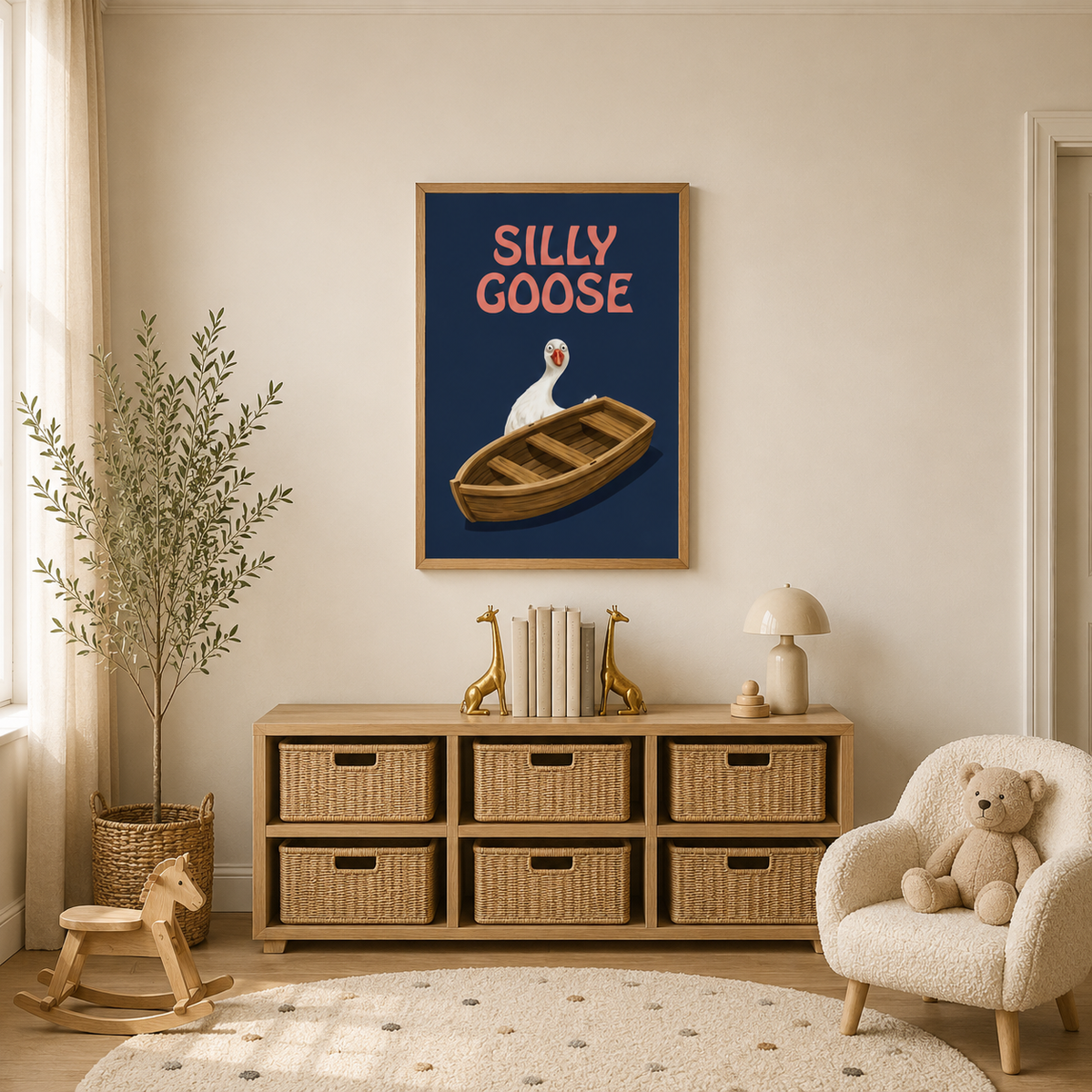 Silly goose boat print above storage baskets