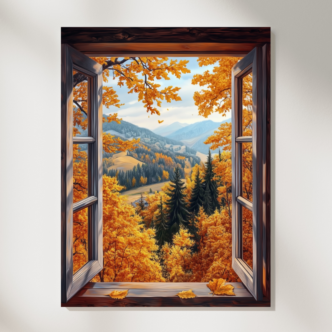 Cozy Autumn Vista, Rustic Cottage Window Fall Landscape Wall Art. High Resolution Digital Download 300 DPI.