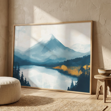 Autumn Meets Winter, Snowy Peak Mirrored in Lake Amid Colorful Forest. High Resolution Digital Download 300 DPI