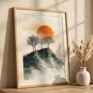 Vintage minimalist art of small trees on a misty mountain ridge under a large orange sun