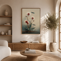 Dragonfly wildflower print above a low wooden console