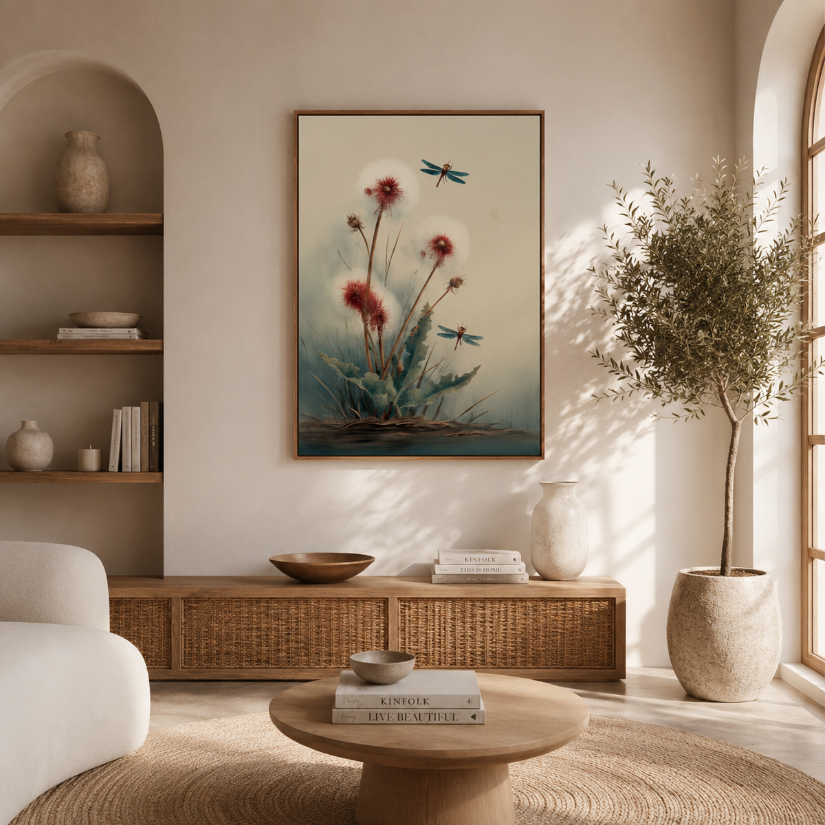 Dragonfly wildflower print above a low wooden console