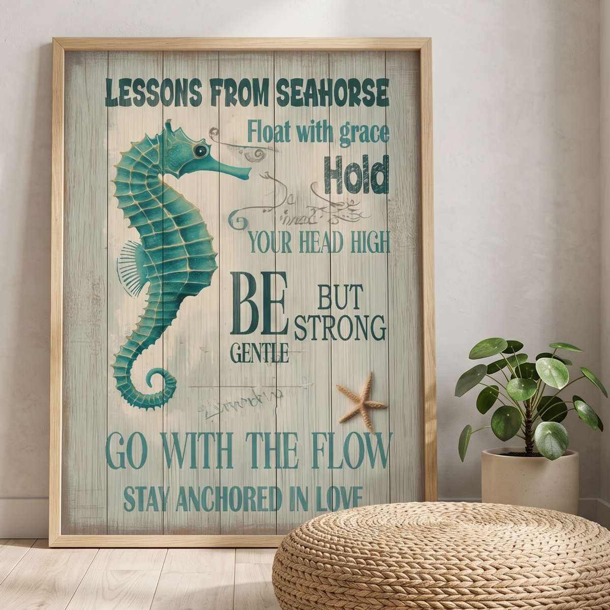 Rustic typography art of a teal seahorse with the words Lessons from a Seahorse and Go with the Flow on a weathered wood background